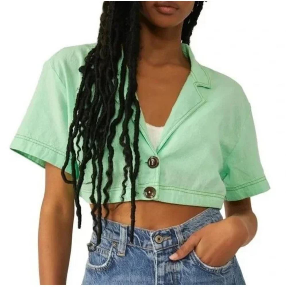 Free People ‘Honeydew’ Crop Top Linen-Blend Button-Down Women’s XS Green